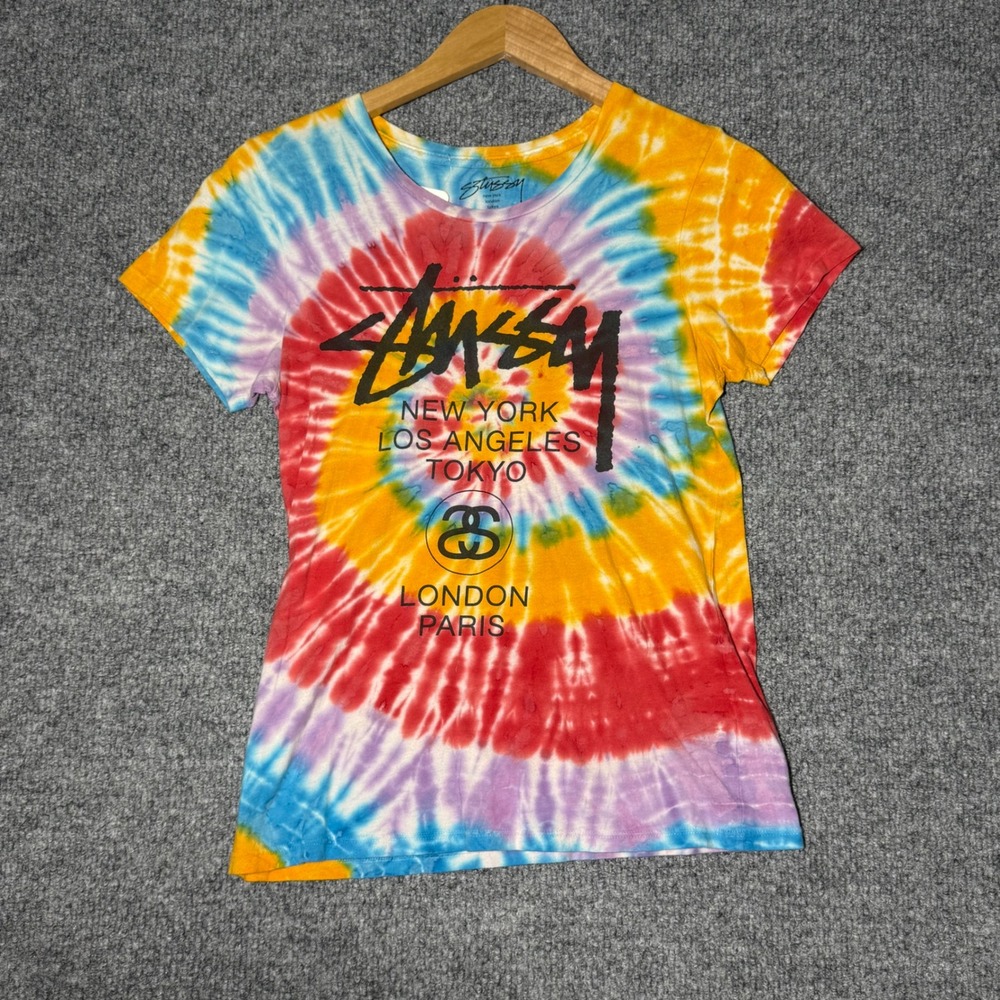 Stussy World Tour Tie Dye T-Shirt Multicolor Short Sleeve Women's Size Medium